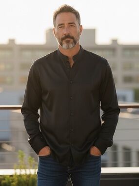 Men's Black Mandarin Collar Dress Shirt — Modern Tailored Fit